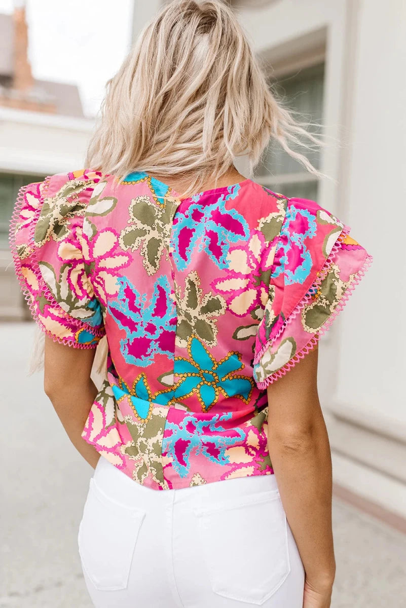 Floral Print Round Neck Flutter Sleeve Blouse - 