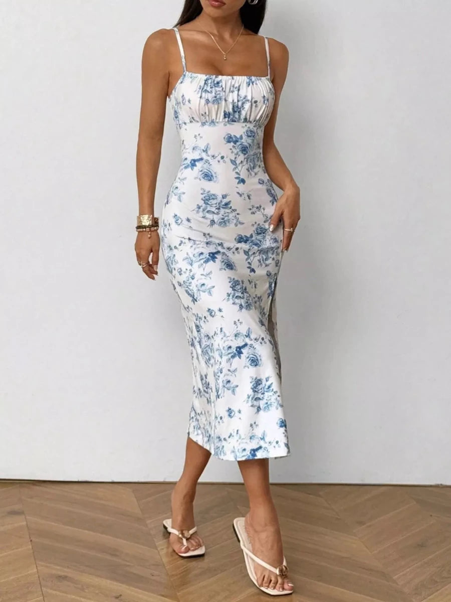 Floral Print Ruched Slit Cami Dress - 