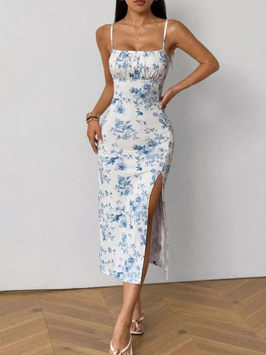 Floral Print Ruched Slit Cami Dress - 