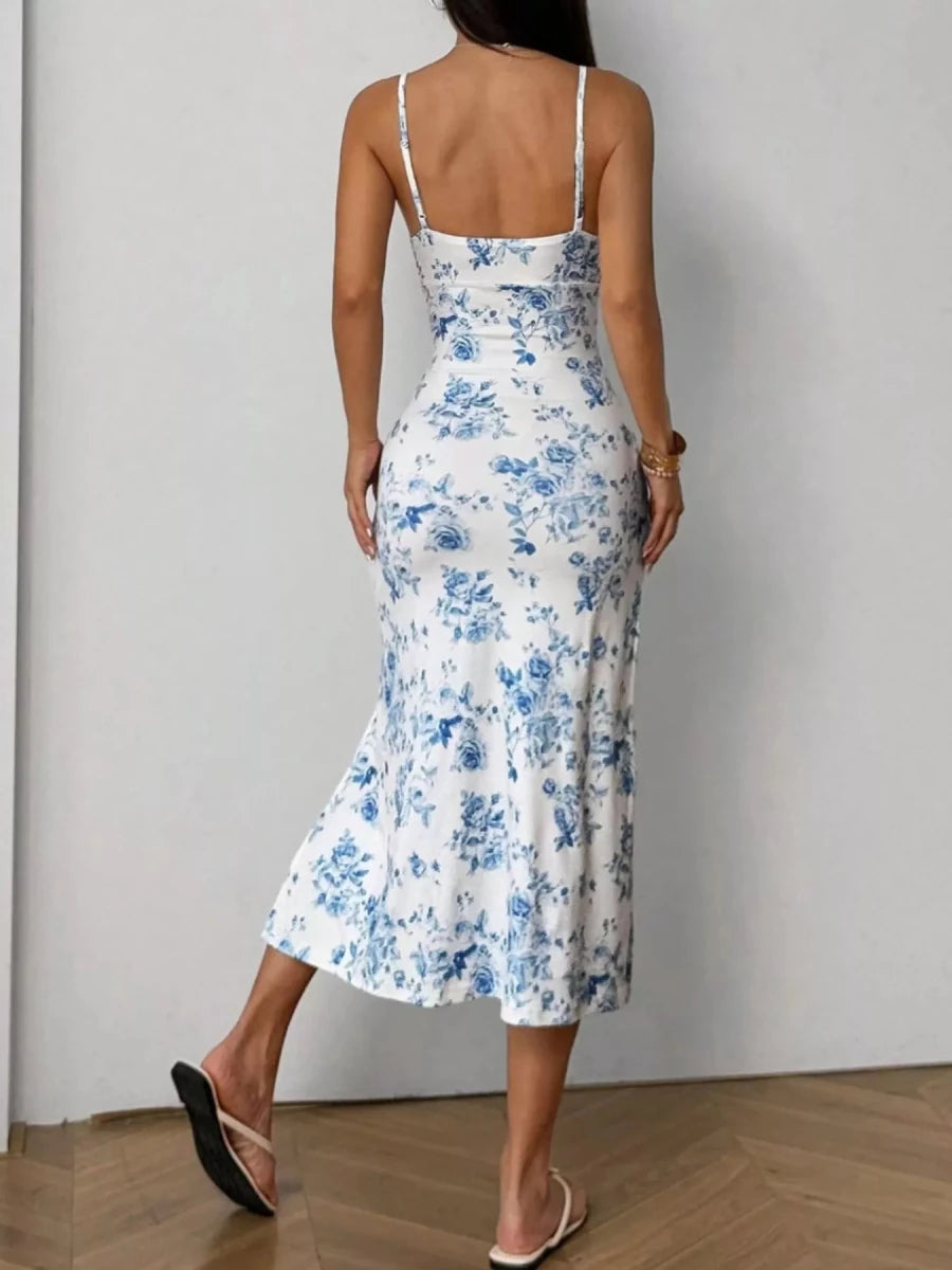 Floral Print Ruched Slit Cami Dress - 