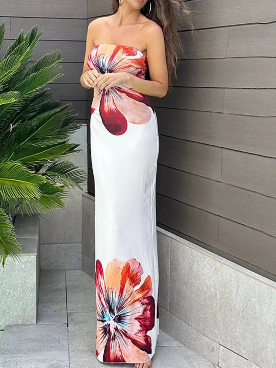 Floral Print Strapless Bodycon Maxi Dress - 