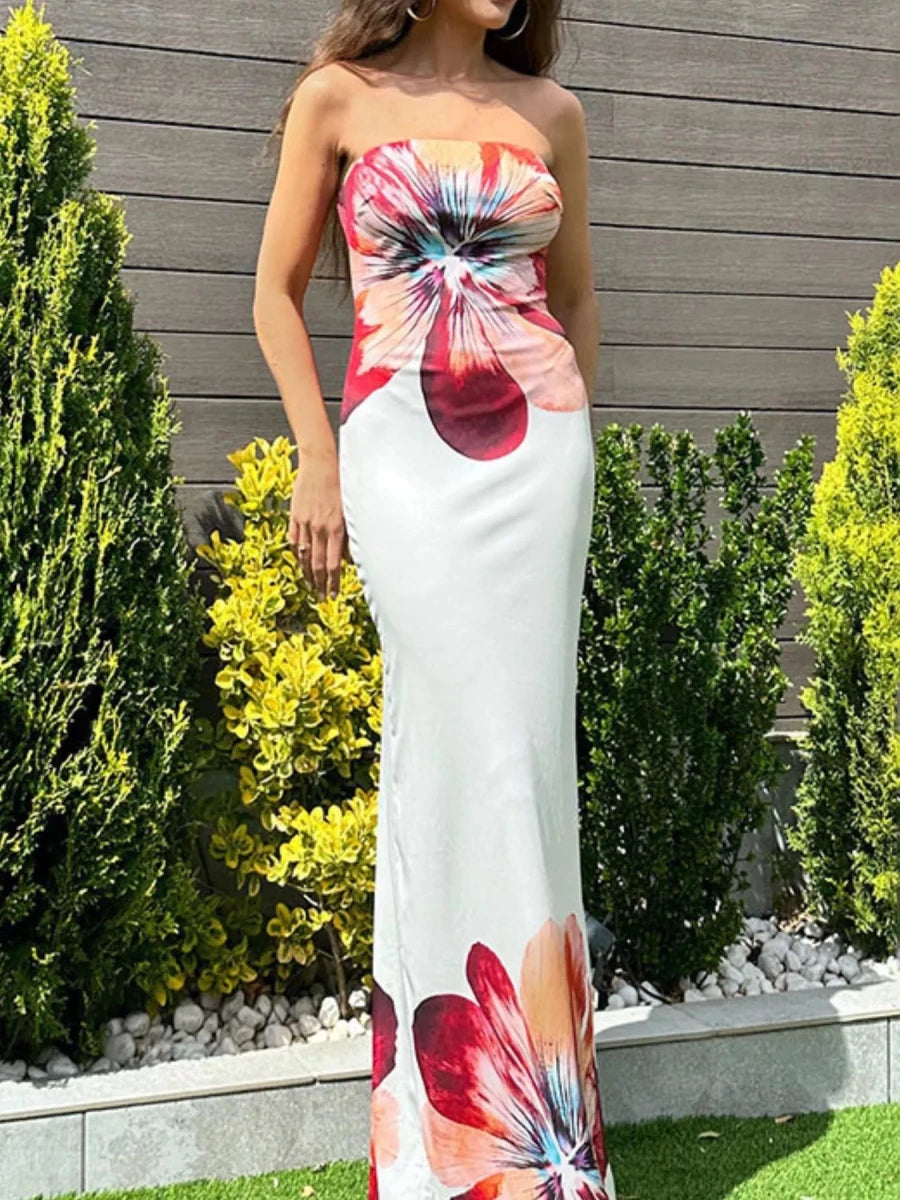 Floral Print Strapless Bodycon Maxi Dress - 