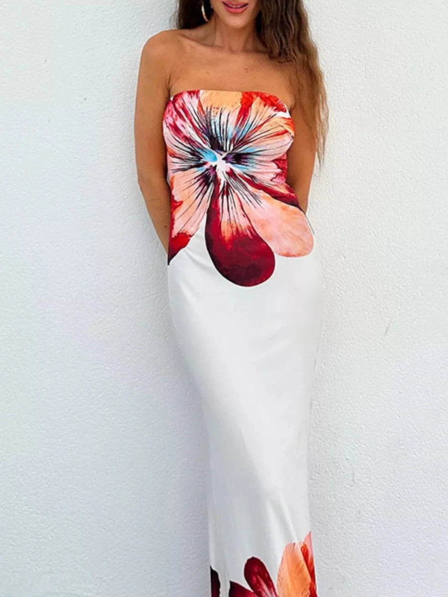 Floral Print Strapless Bodycon Maxi Dress - 