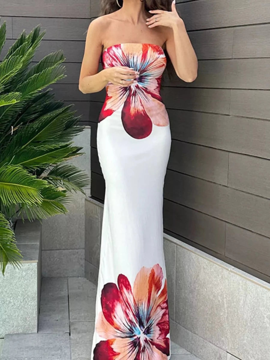 Floral Print Strapless Bodycon Maxi Dress - 