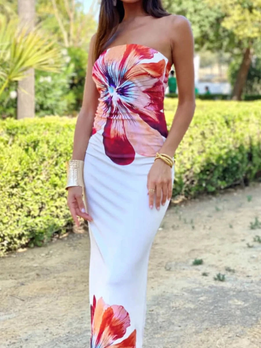 Floral Print Strapless Bodycon Maxi Dress - 