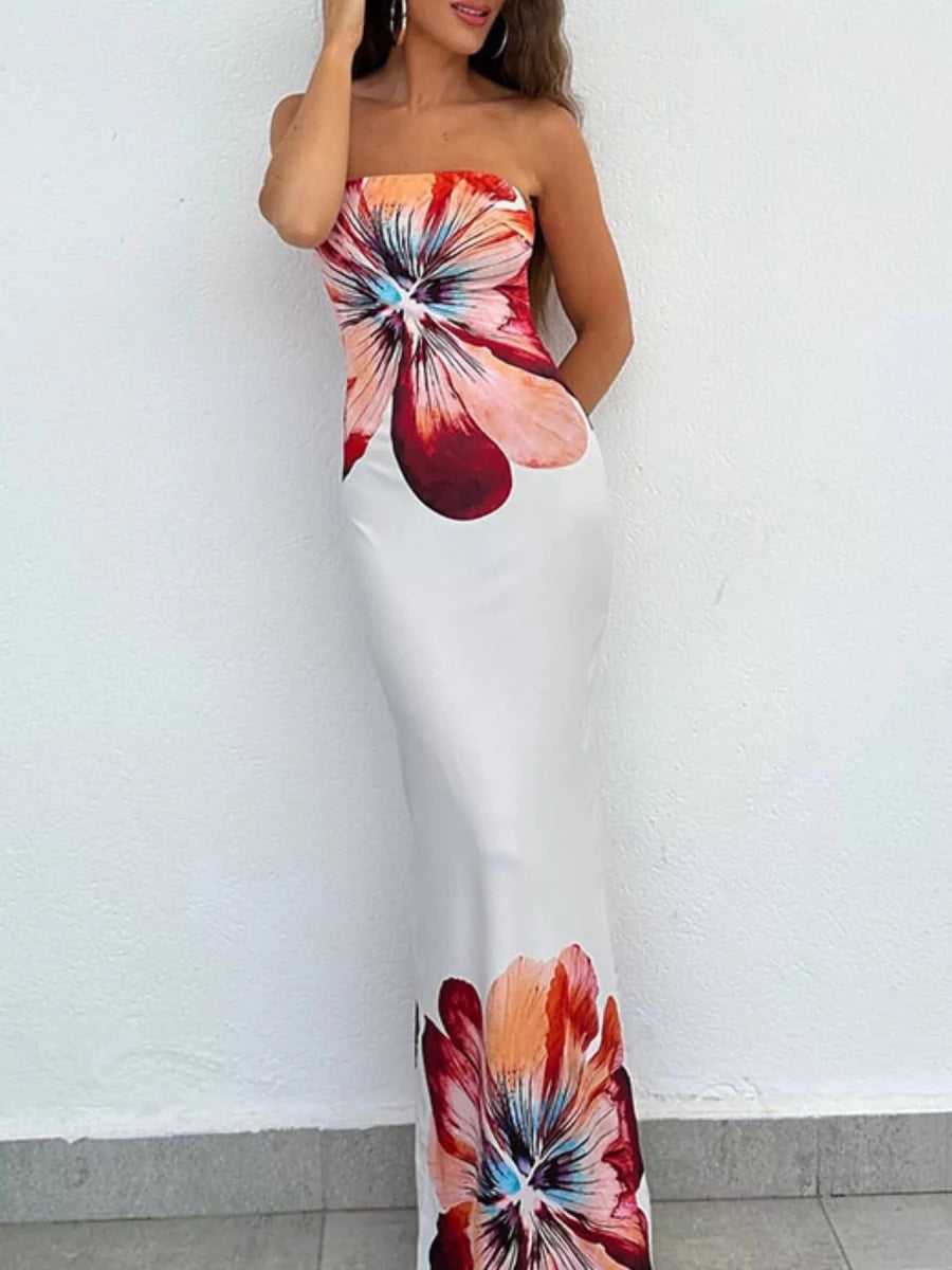 Floral Print Strapless Bodycon Maxi Dress - 