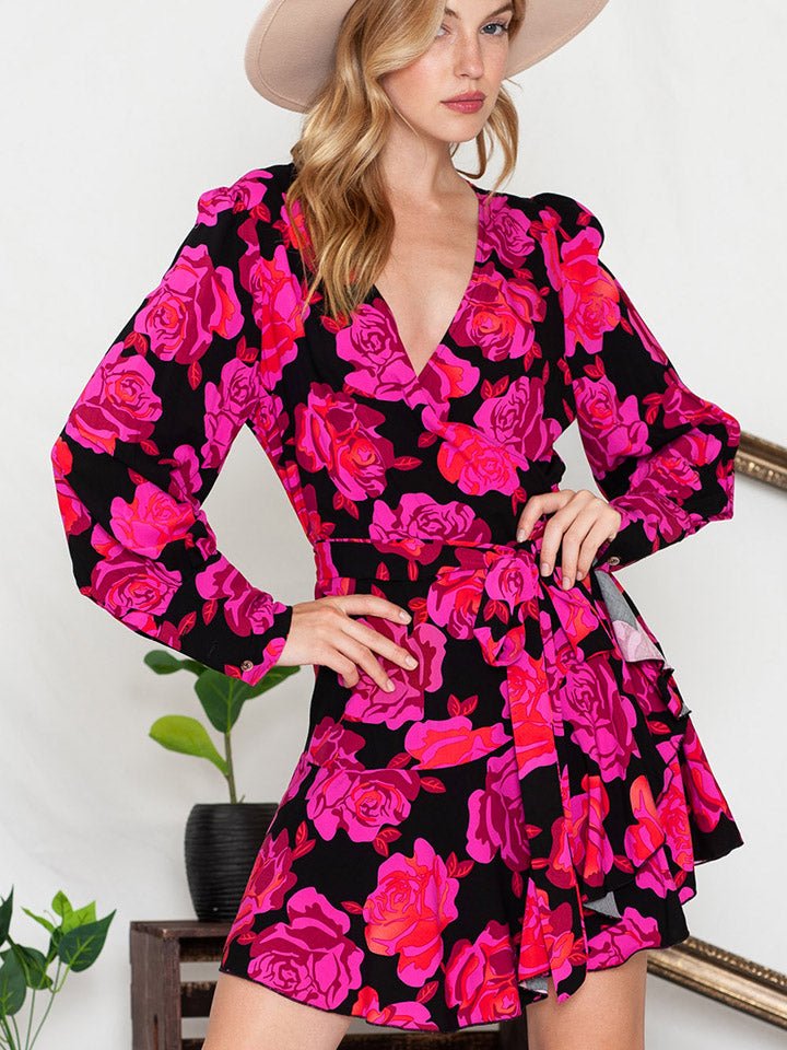 Floral Print Surplice Neck Long Sleeve Dress - Nightout dress