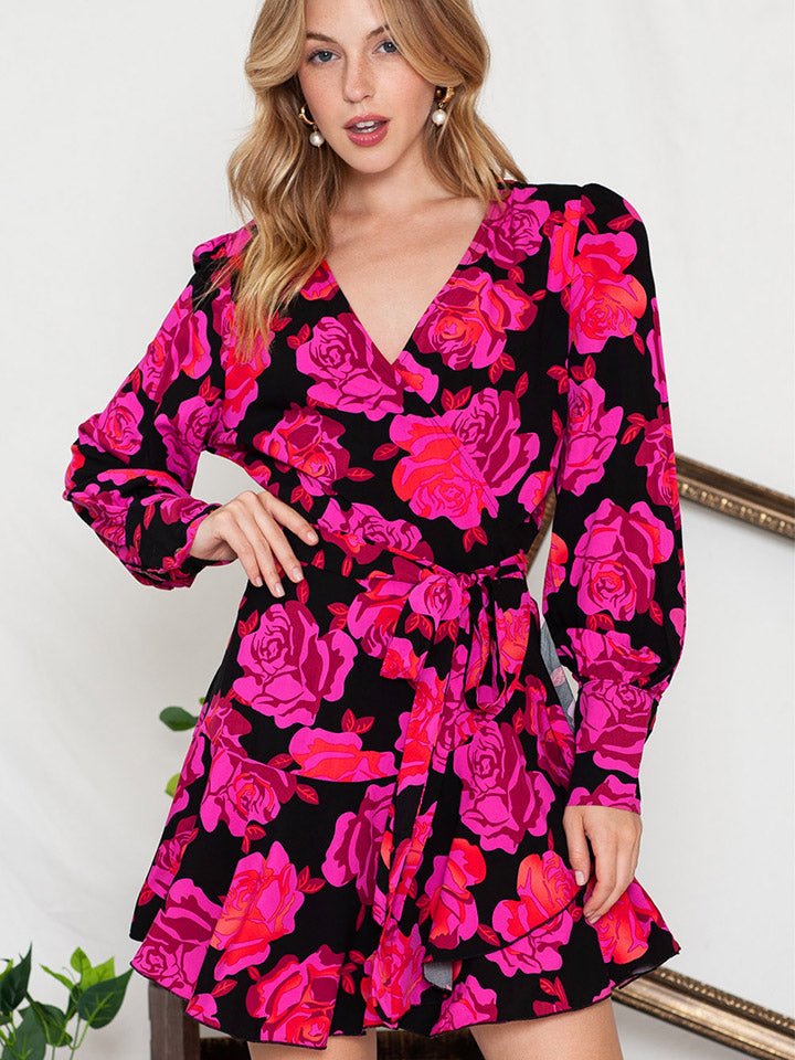 Floral Print Surplice Neck Long Sleeve Dress - Nightout dress