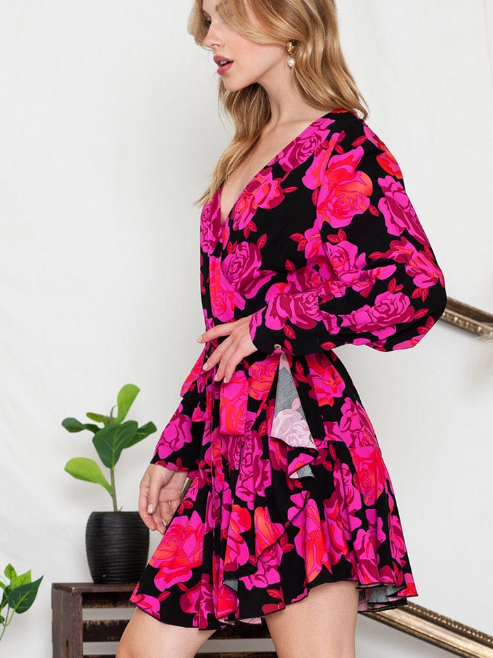 Floral Print Surplice Neck Long Sleeve Dress - Nightout dress