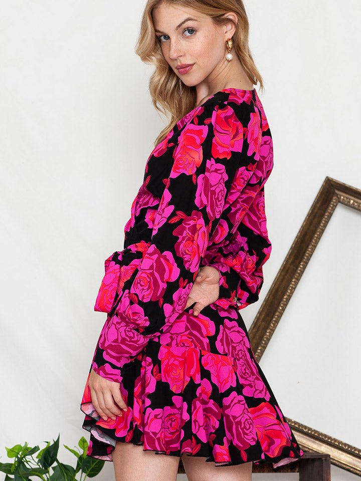 Floral Print Surplice Neck Long Sleeve Dress - Nightout dress