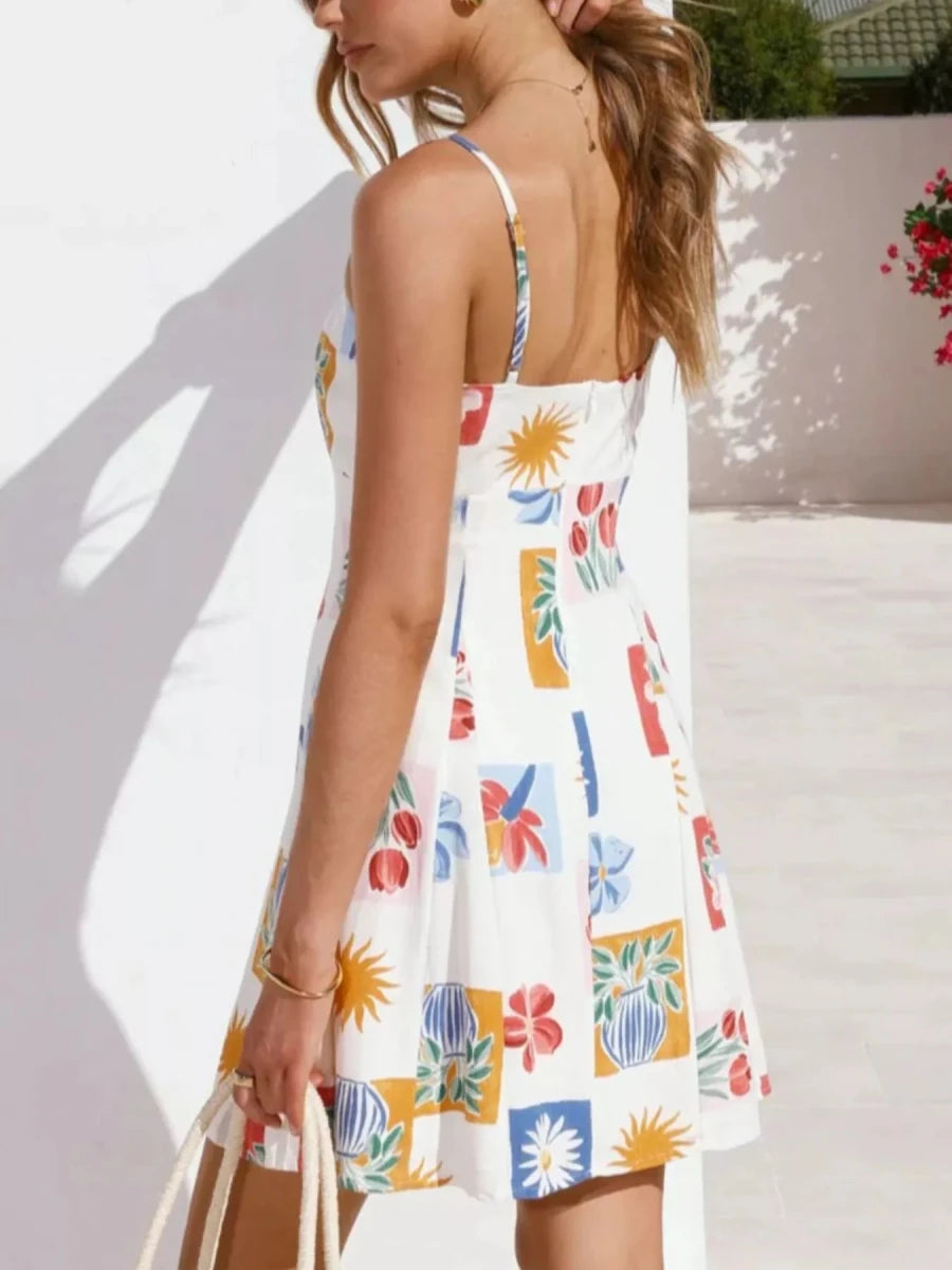 Floral Print Tie - Front Mini Dress - 