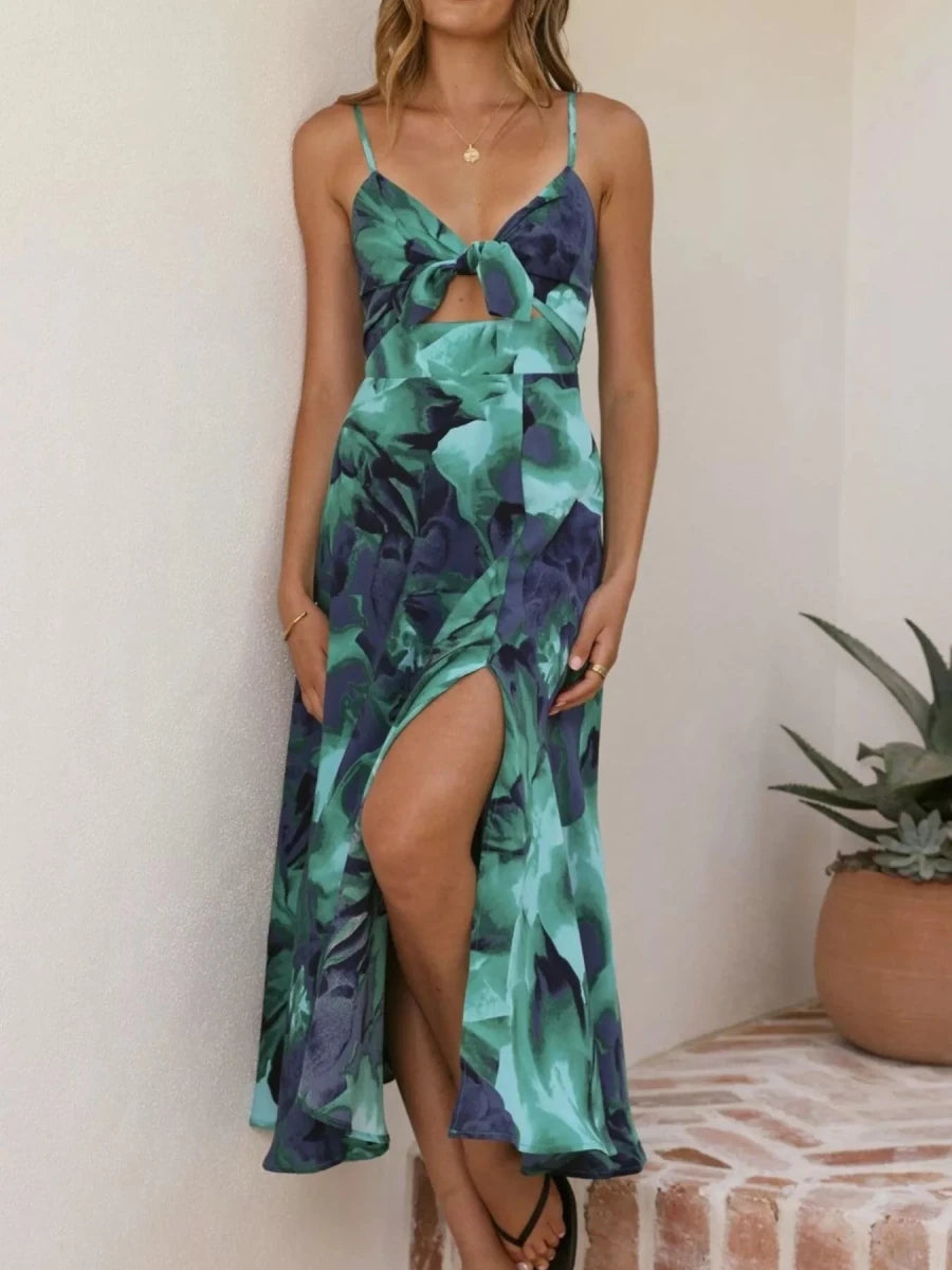 Floral Print Tie - Front Slit Midi Dress - 