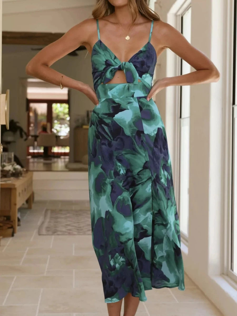 Floral Print Tie - Front Slit Midi Dress - 