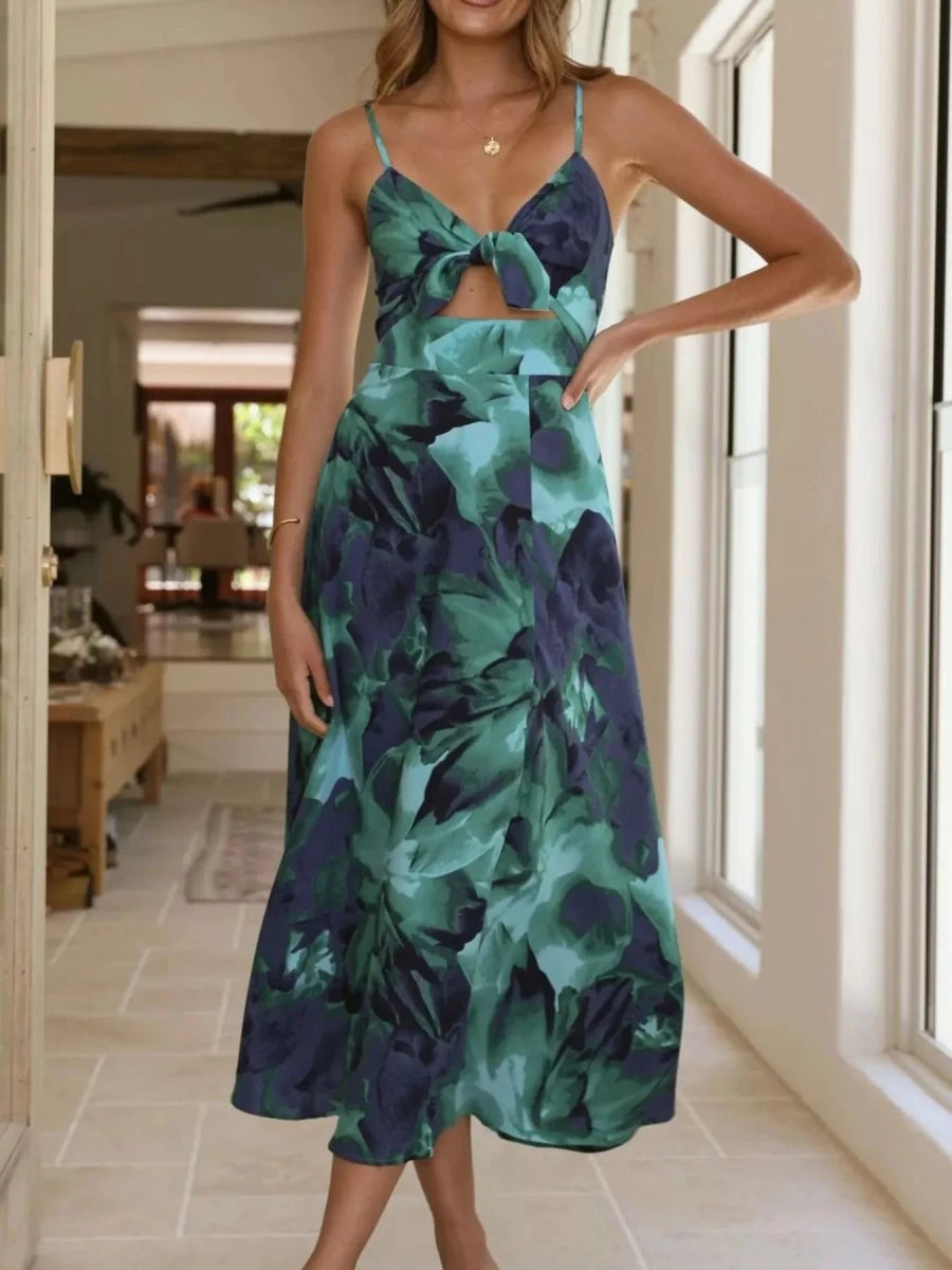 Floral Print Tie - Front Slit Midi Dress - 