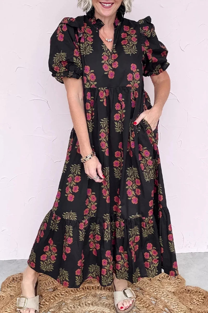 Floral Print Tiered Maxi Dress - 
