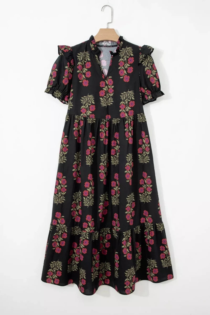 Floral Print Tiered Maxi Dress - 