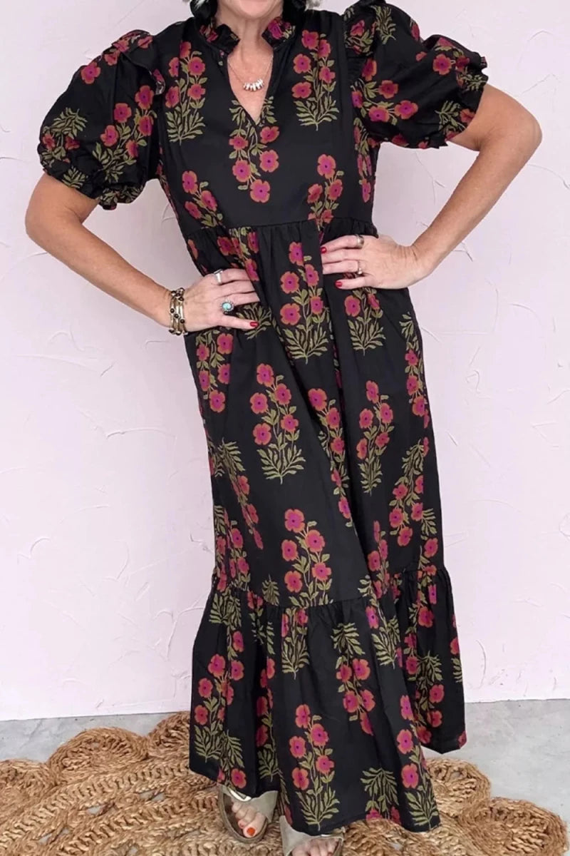 Floral Print Tiered Maxi Dress - 