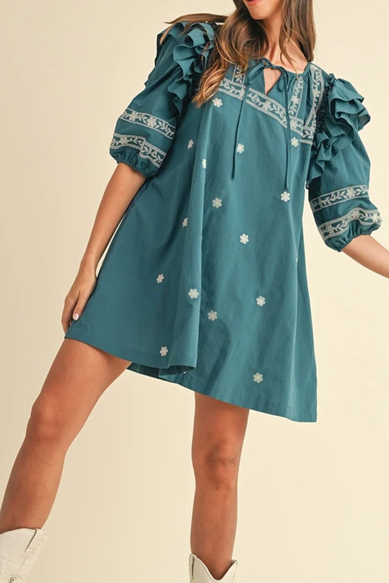 Floral Ruffle Puff Sleeve Tie Neck Mini Dress - New Arrivals
