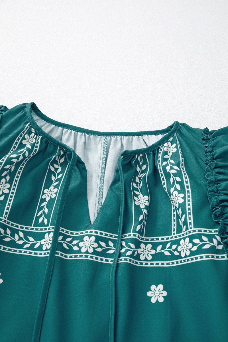 Floral Ruffle Puff Sleeve Tie Neck Mini Dress - New Arrivals