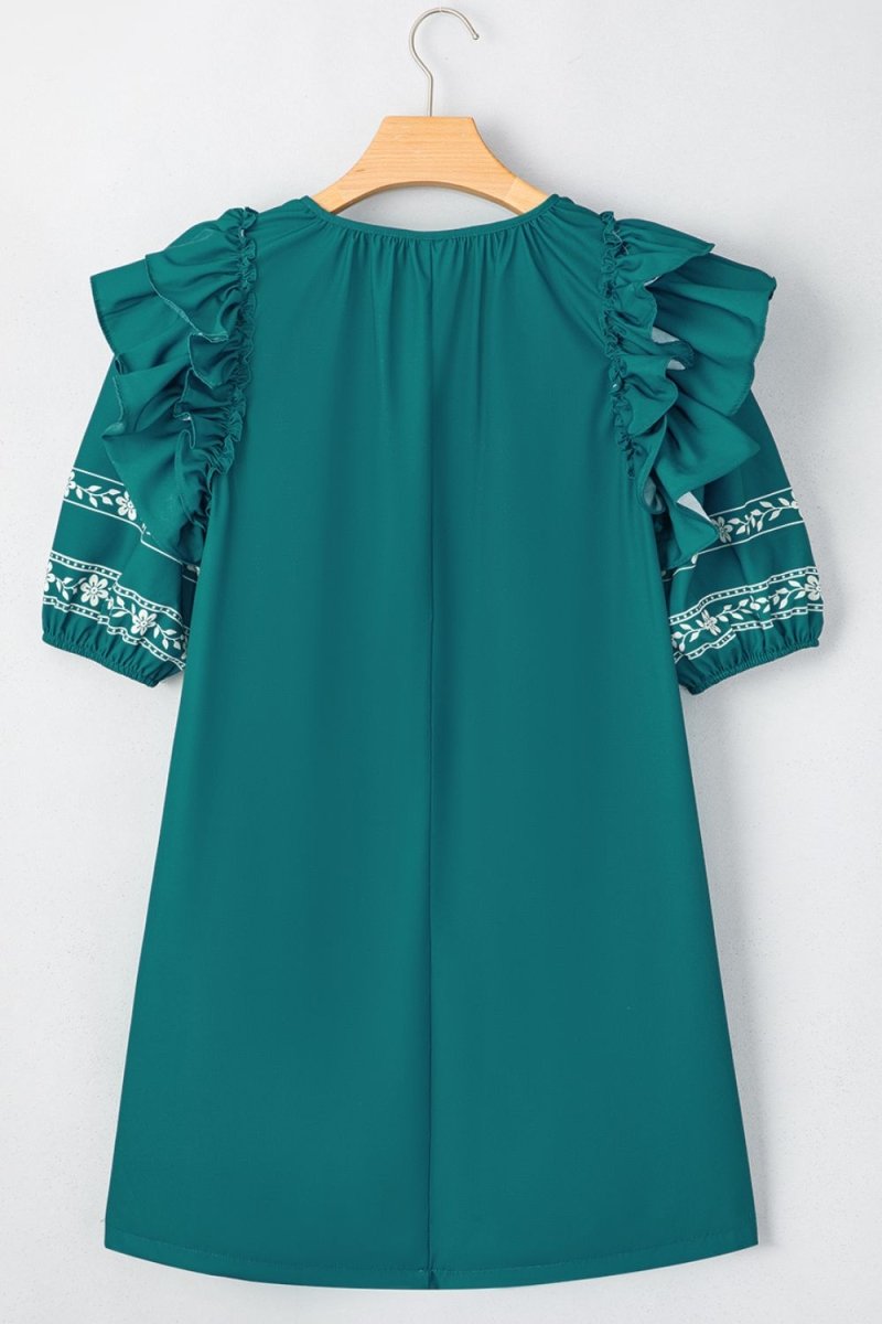 Floral Ruffle Puff Sleeve Tie Neck Mini Dress - New Arrivals