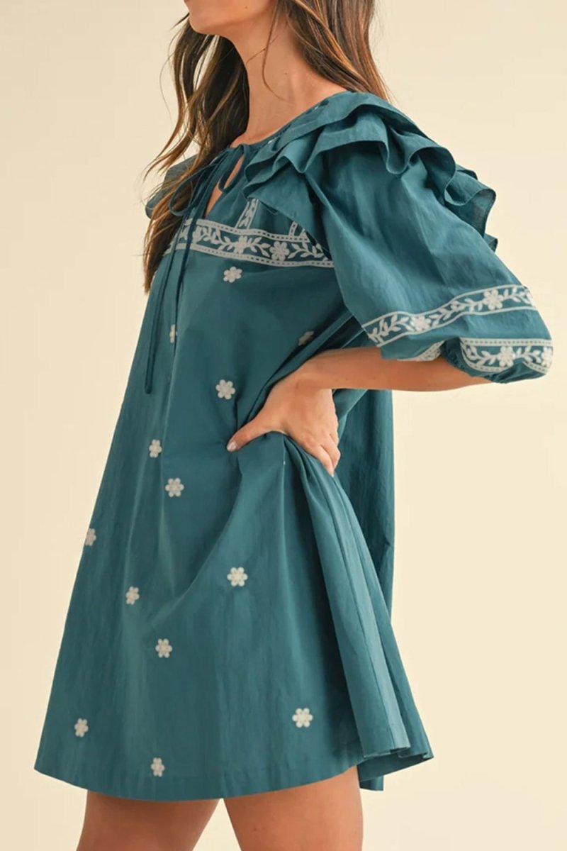 Floral Ruffle Puff Sleeve Tie Neck Mini Dress - New Arrivals