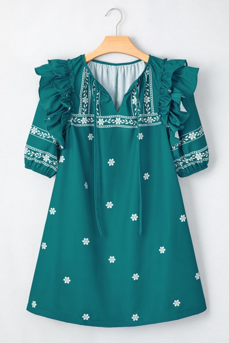 Floral Ruffle Puff Sleeve Tie Neck Mini Dress - New Arrivals