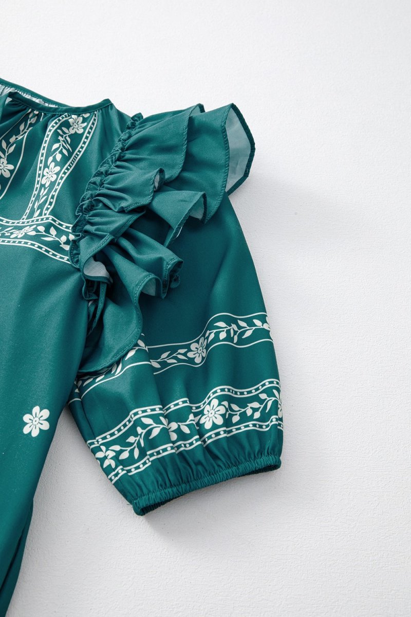 Floral Ruffle Puff Sleeve Tie Neck Mini Dress - New Arrivals