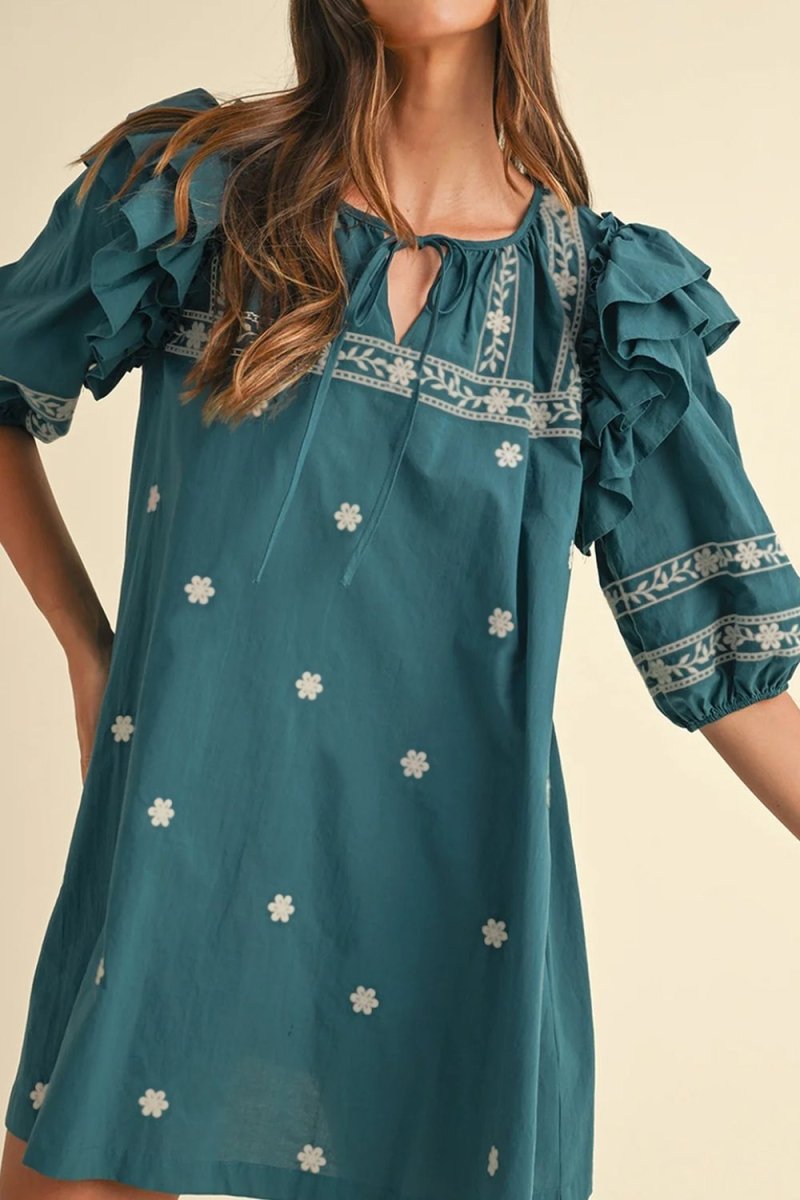Floral Ruffle Puff Sleeve Tie Neck Mini Dress - New Arrivals
