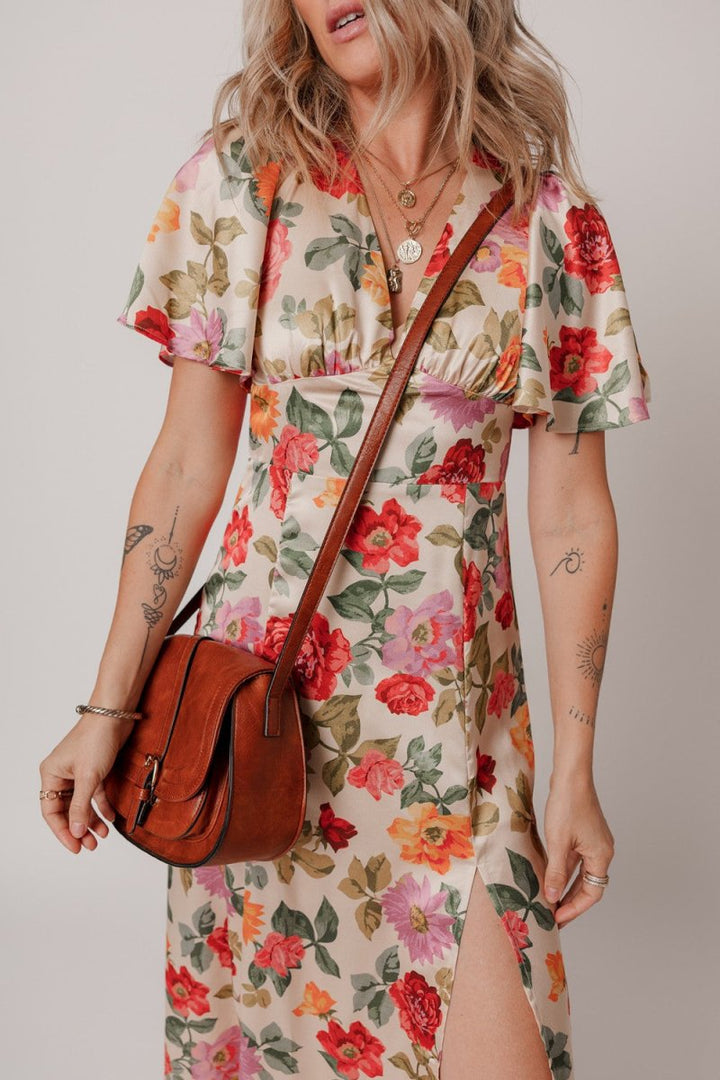 Floral Short Sleeve Tie Back Slit Dress - New Arrivals