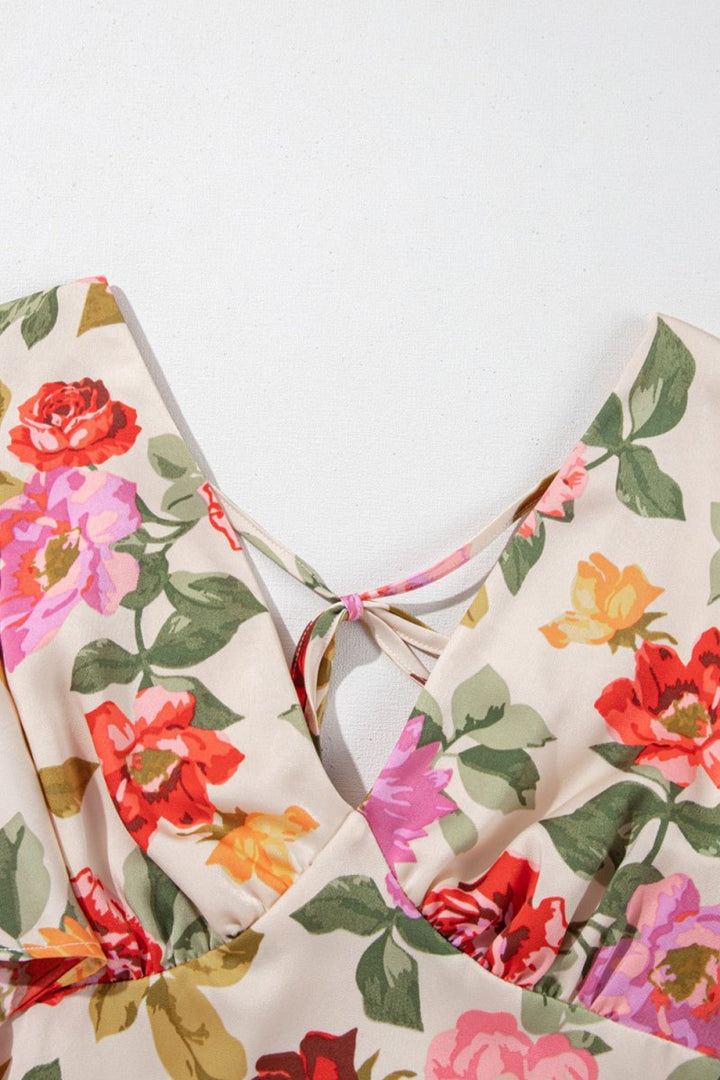 Floral Short Sleeve Tie Back Slit Dress - New Arrivals