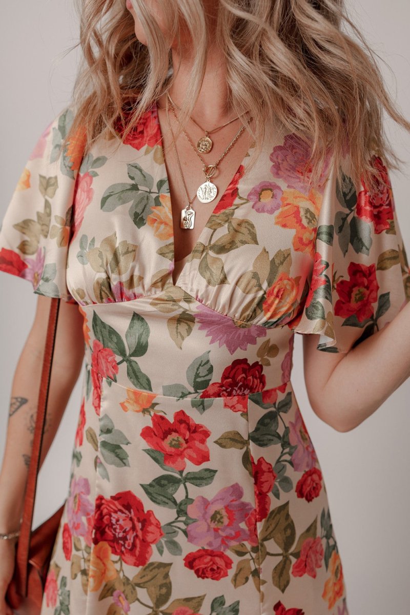 Floral Short Sleeve Tie Back Slit Dress - New Arrivals