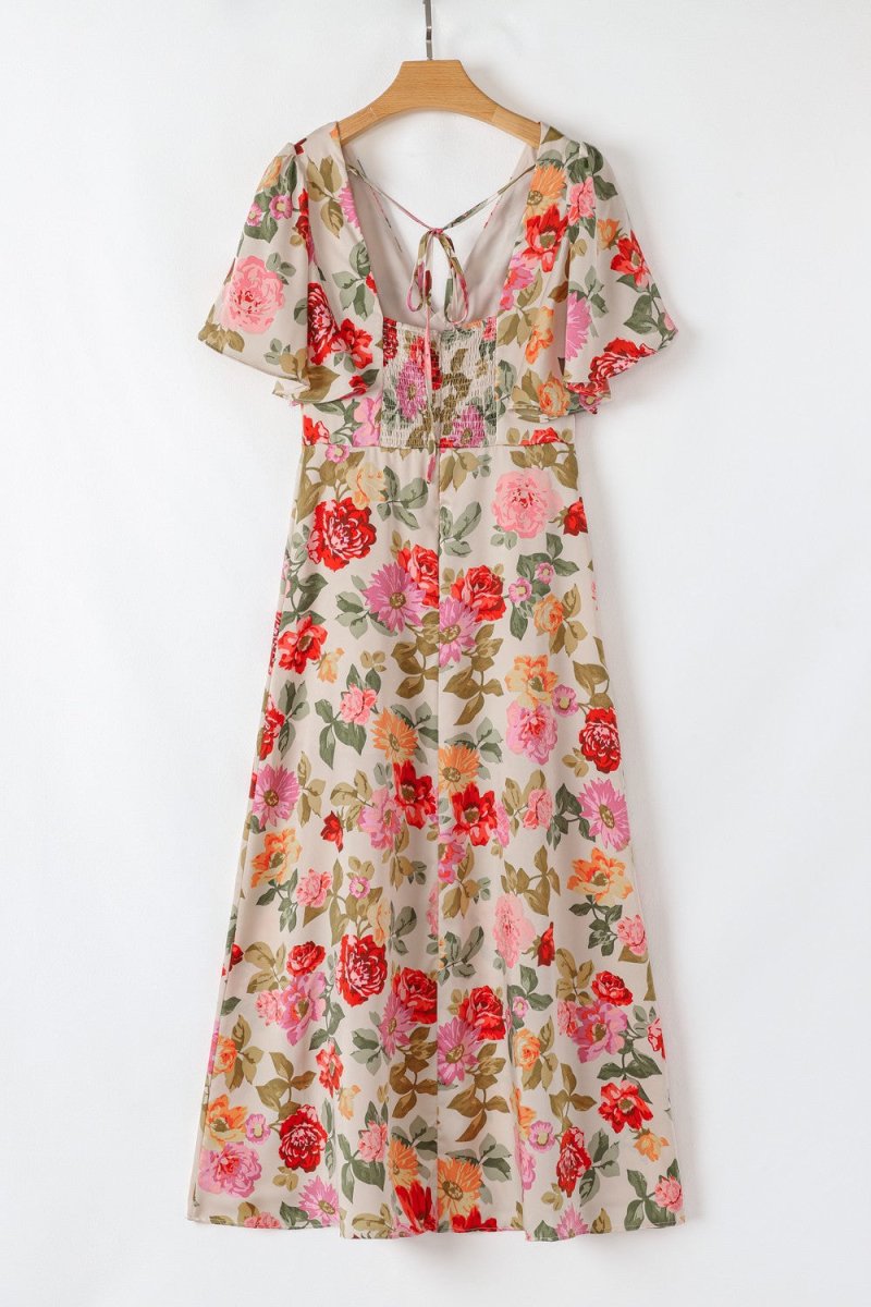 Floral Short Sleeve Tie Back Slit Dress - New Arrivals