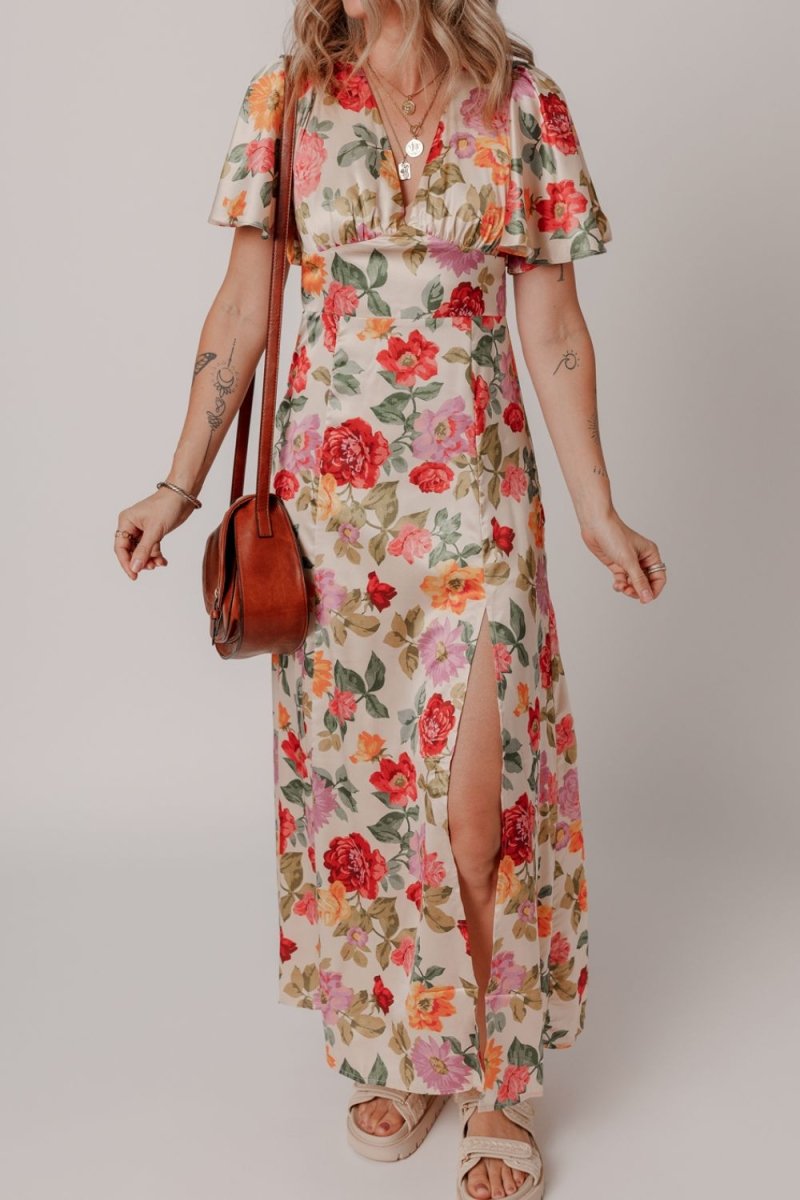 Floral Short Sleeve Tie Back Slit Dress - New Arrivals