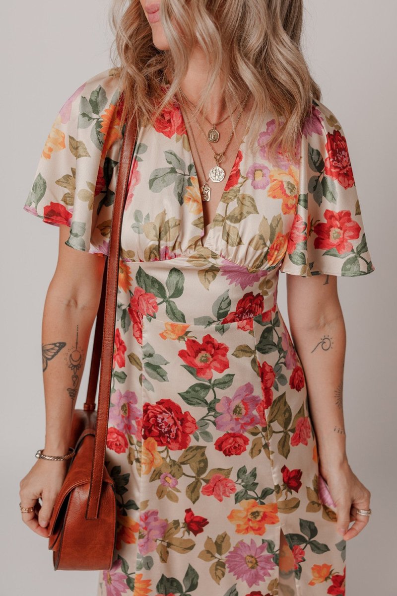 Floral Short Sleeve Tie Back Slit Dress - New Arrivals