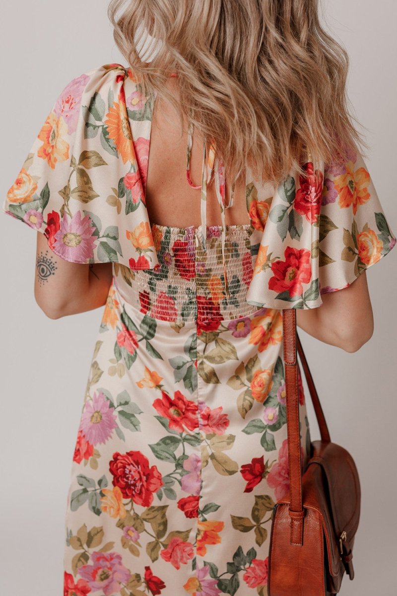 Floral Short Sleeve Tie Back Slit Dress - New Arrivals
