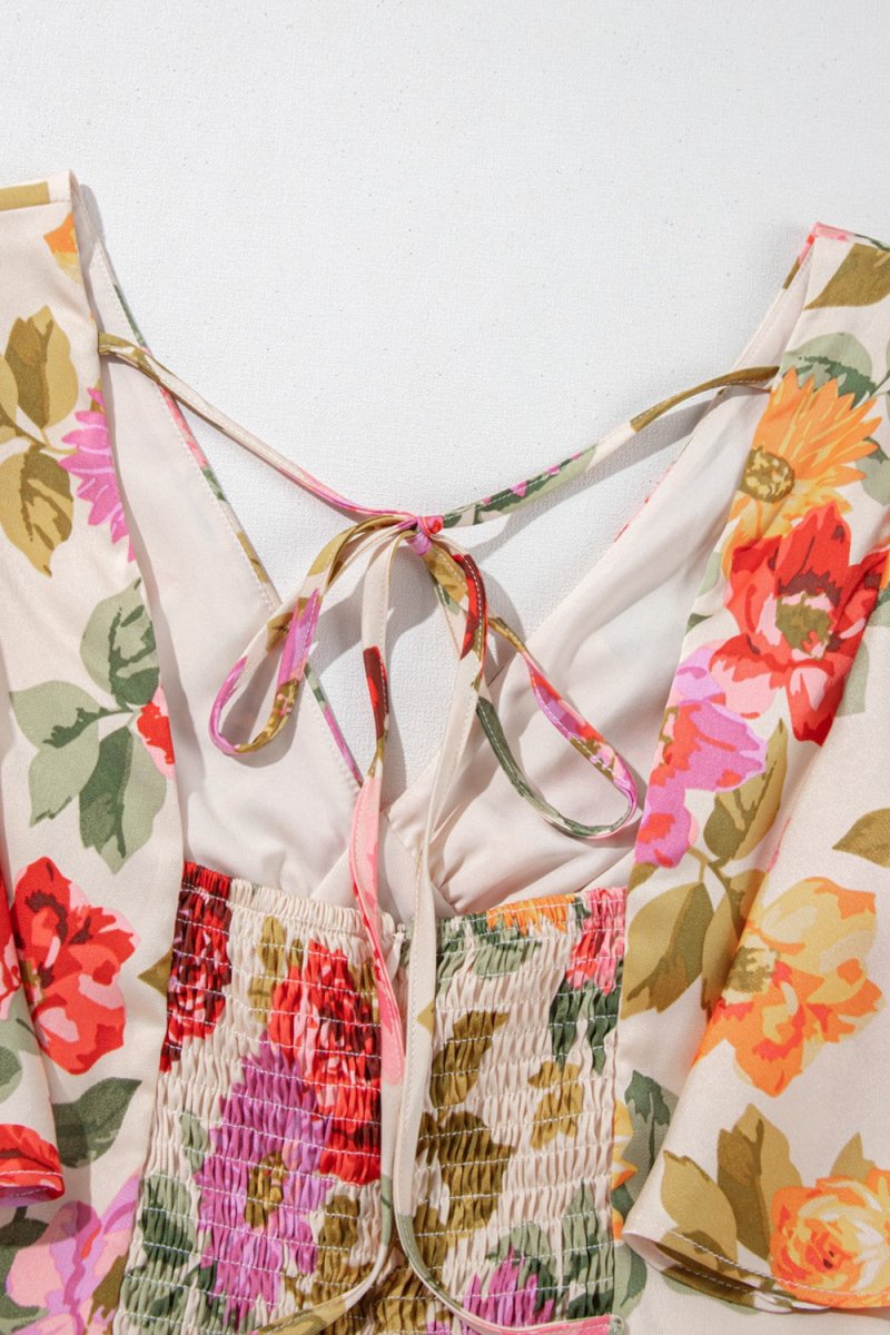 Floral Short Sleeve Tie Back Slit Dress - New Arrivals