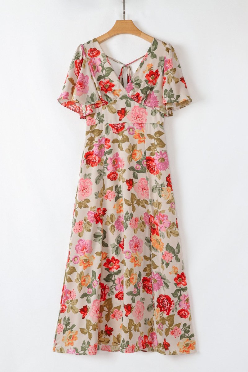 Floral Short Sleeve Tie Back Slit Dress - New Arrivals