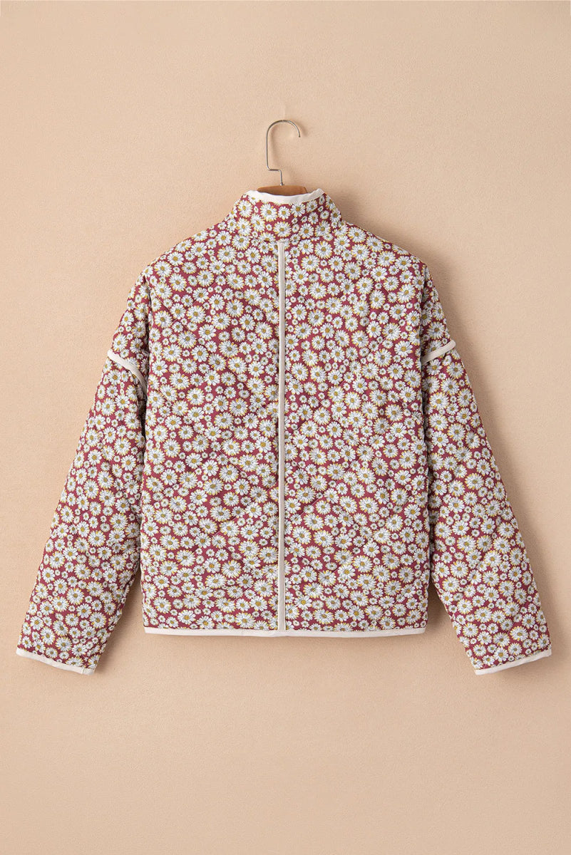 Floral Snap Down Mock Neck Coat - Outerwear