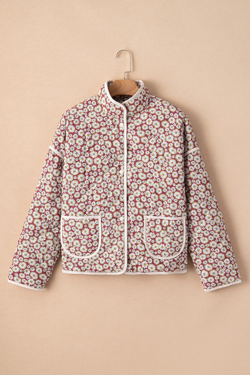 Floral Snap Down Mock Neck Coat - Outerwear