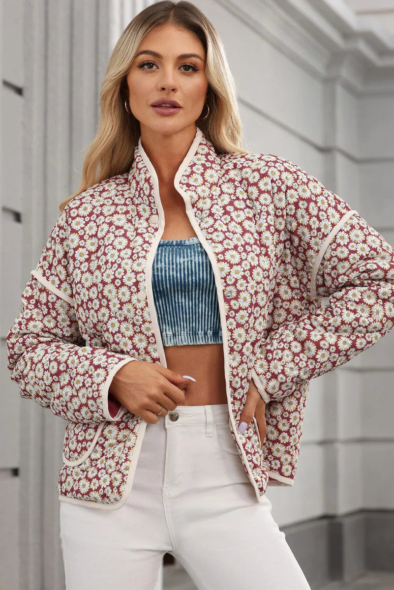 Floral Snap Down Mock Neck Coat - Outerwear