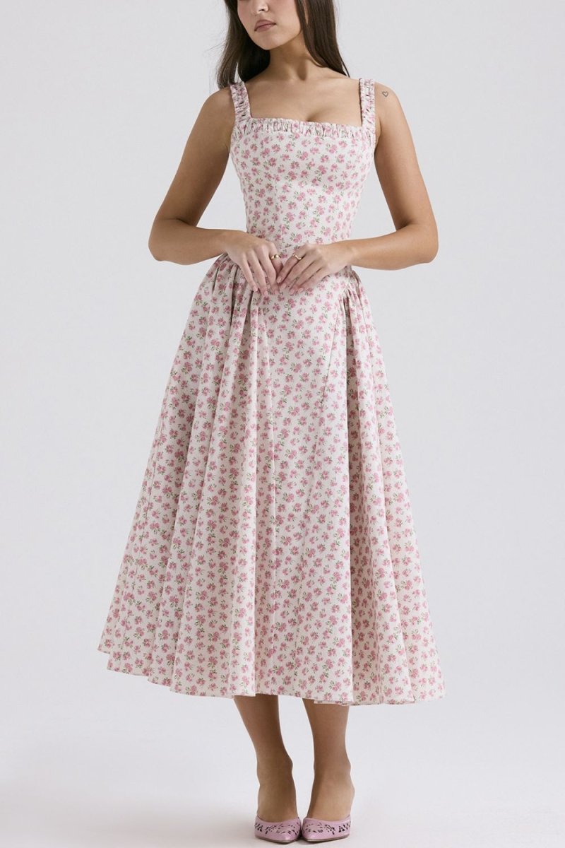Floral Square Neck Wide Strap Midi Dress - New Arrivals