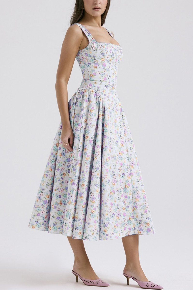 Floral Square Neck Wide Strap Midi Dress - New Arrivals