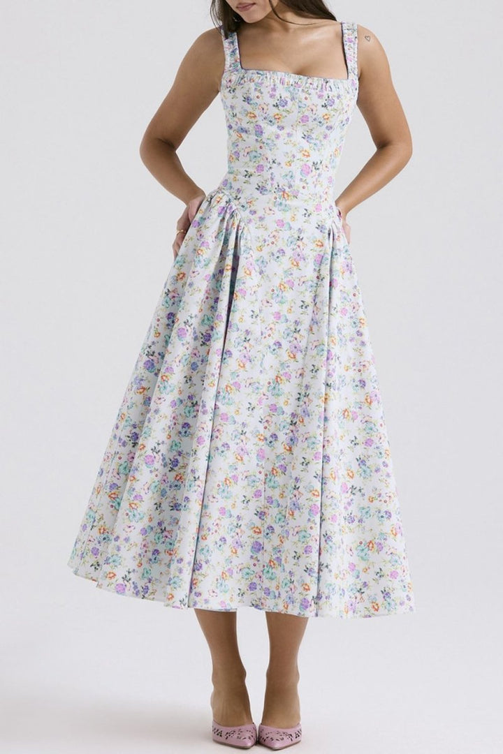 Floral Square Neck Wide Strap Midi Dress - New Arrivals