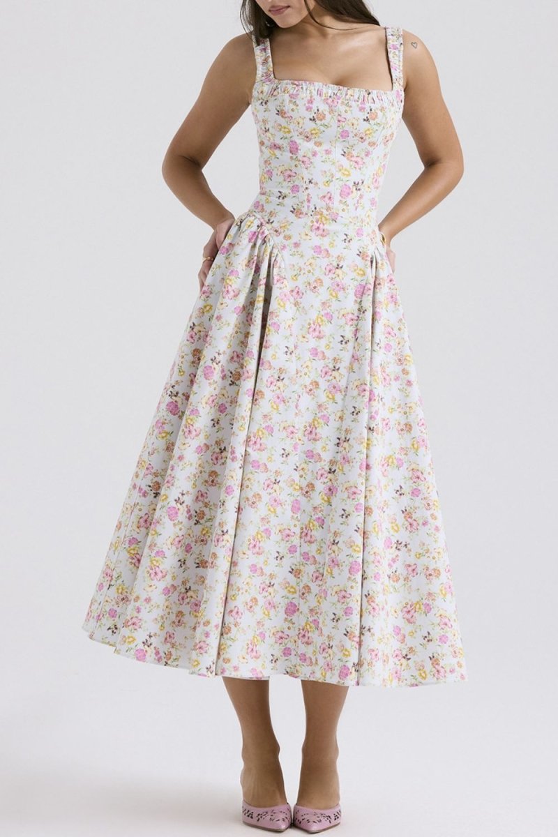 Floral Square Neck Wide Strap Midi Dress - New Arrivals