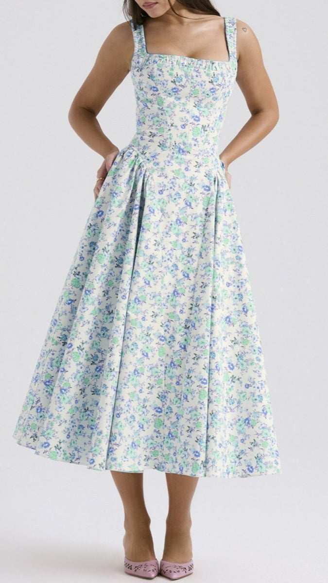 Floral Square Neck Wide Strap Midi Dress - New Arrivals