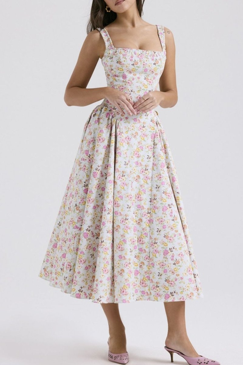 Floral Square Neck Wide Strap Midi Dress - New Arrivals