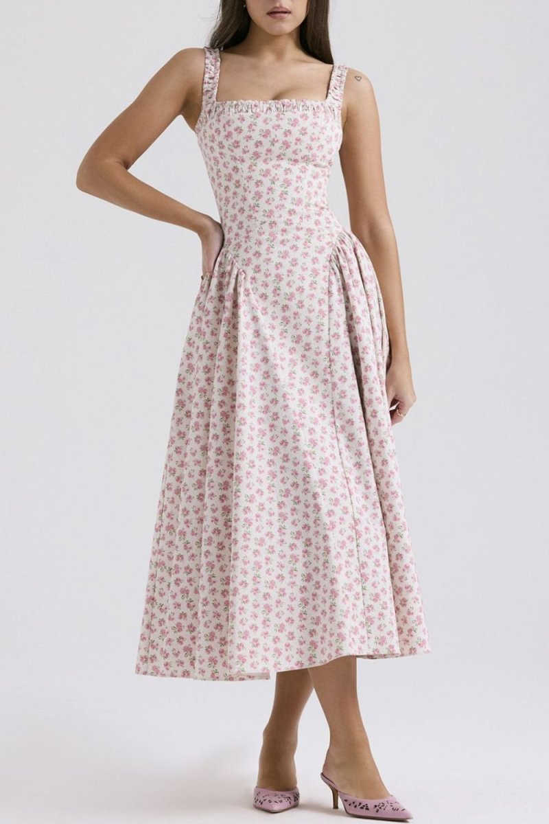 Floral Square Neck Wide Strap Midi Dress - New Arrivals