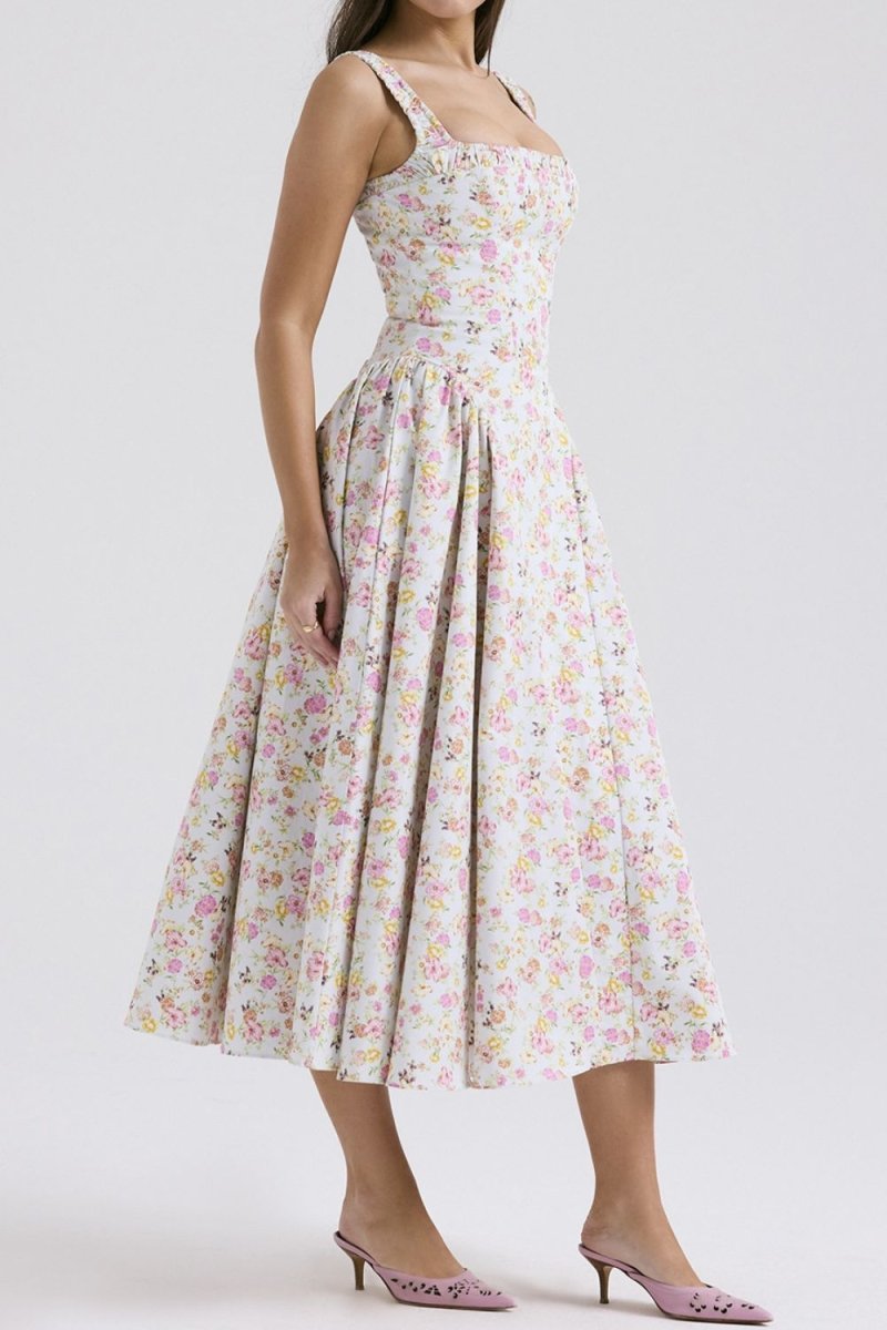 Floral Square Neck Wide Strap Midi Dress - New Arrivals