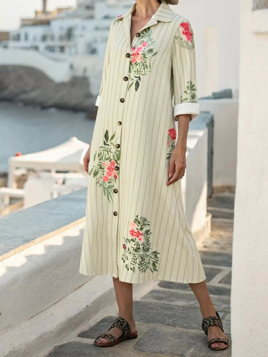 Floral Striped Button - Down Midi Shirt Dress - 