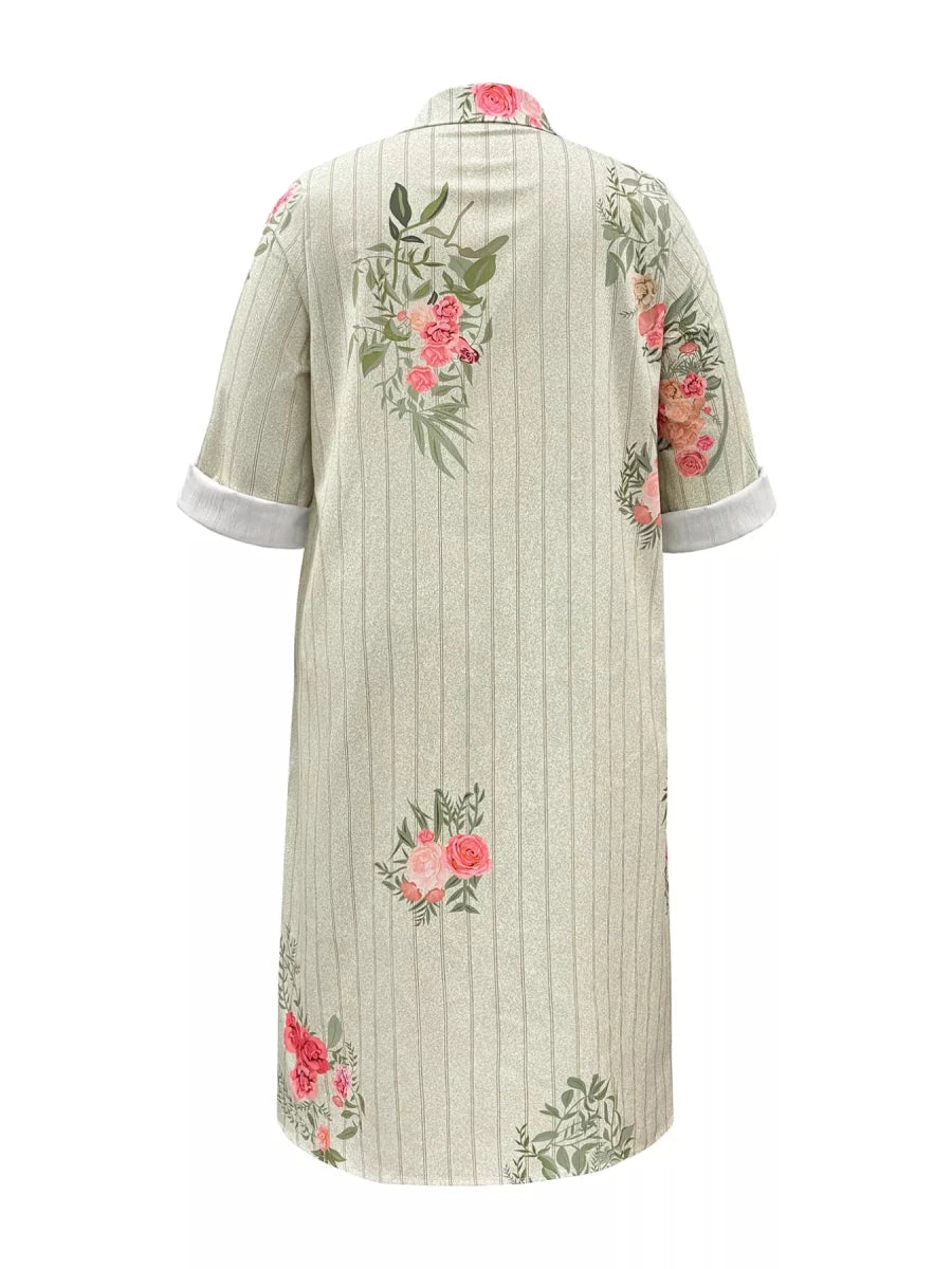 Floral Striped Button - Down Midi Shirt Dress - 